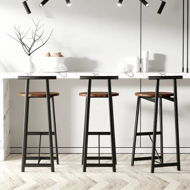 3 runde Holz-Barhocker mit Fußstütze, 68,5 cm hoch