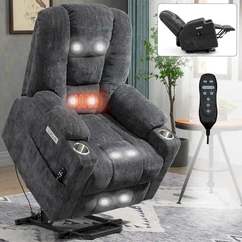 Grauer geräumiger Power-Lift-Sessel mit Massagefunktion, Heizung, zwei USB-Anschlüssen und Getränkehaltern