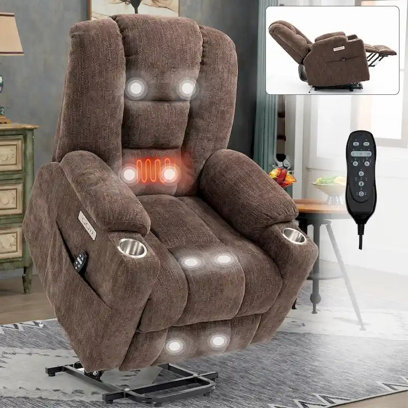 Grauer geräumiger Power-Lift-Sessel mit Massagefunktion, Heizung, zwei USB-Anschlüssen und Getränkehaltern