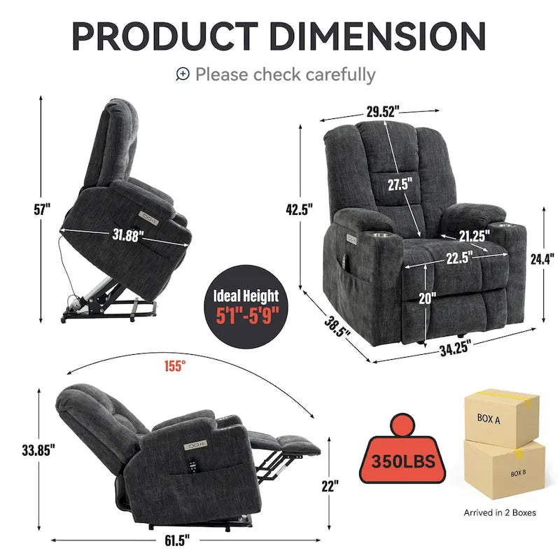 Grauer geräumiger Power-Lift-Sessel mit Massagefunktion, Heizung, zwei USB-Anschlüssen und Getränkehaltern