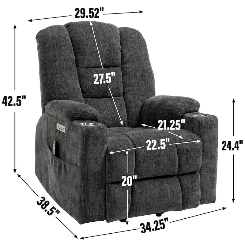 Grauer geräumiger Power-Lift-Sessel mit Massagefunktion, Heizung, zwei USB-Anschlüssen und Getränkehaltern