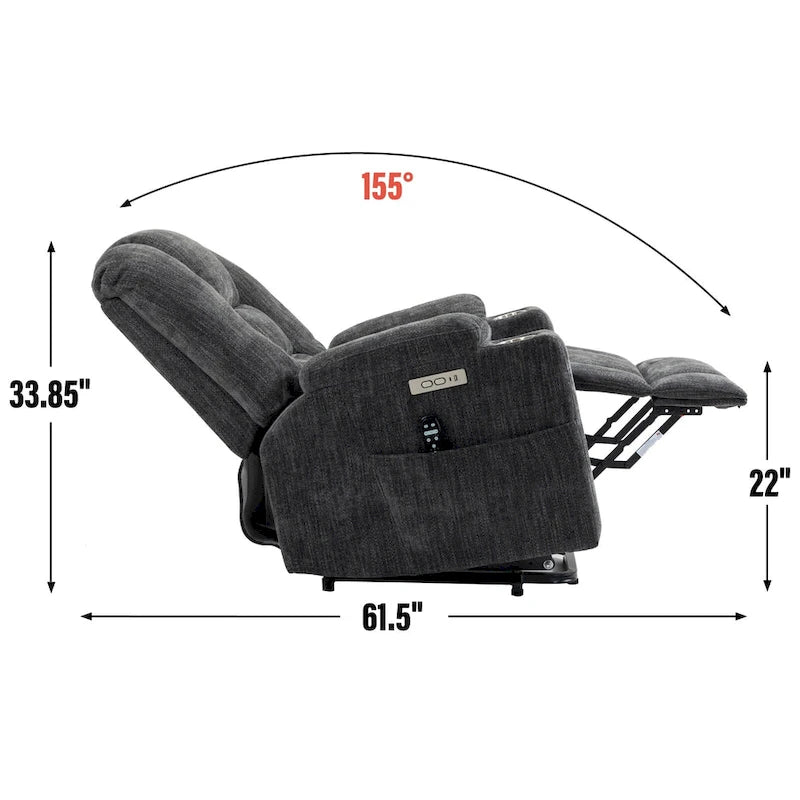 Grauer geräumiger Power-Lift-Sessel mit Massagefunktion, Heizung, zwei USB-Anschlüssen und Getränkehaltern