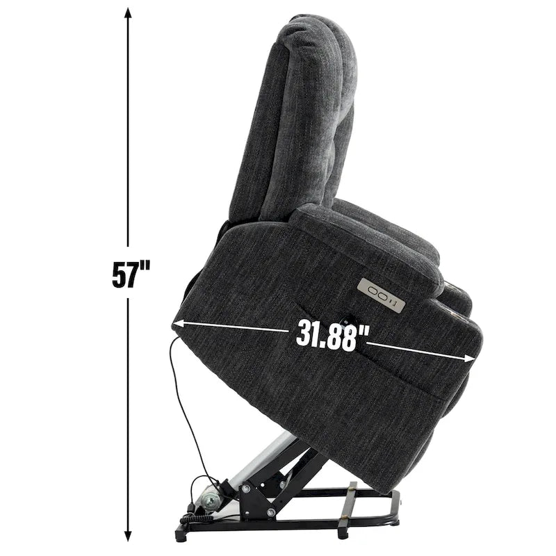 Grauer geräumiger Power-Lift-Sessel mit Massagefunktion, Heizung, zwei USB-Anschlüssen und Getränkehaltern