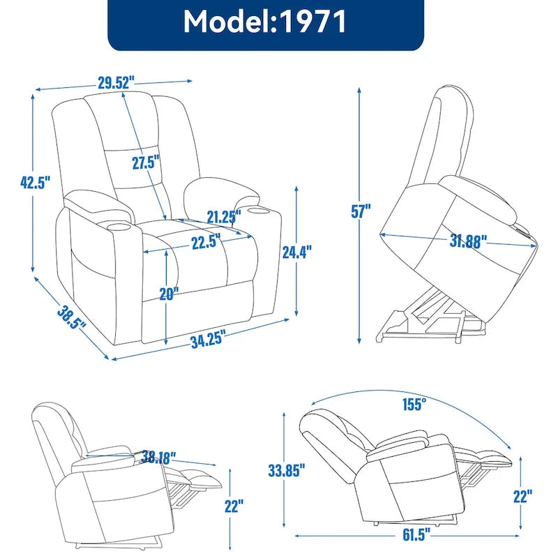 Grauer geräumiger Power-Lift-Sessel mit Massagefunktion, Heizung, zwei USB-Anschlüssen und Getränkehaltern