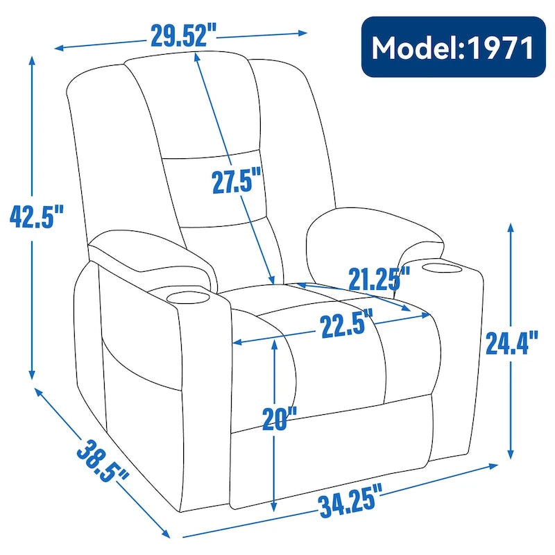 Grauer geräumiger Power-Lift-Sessel mit Massagefunktion, Heizung, zwei USB-Anschlüssen und Getränkehaltern