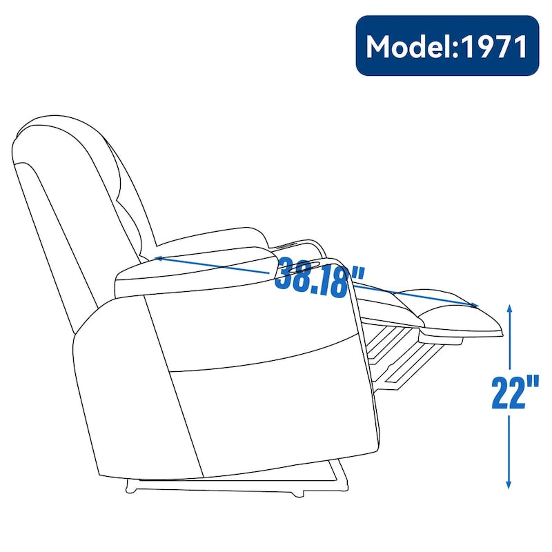 Grauer geräumiger Power-Lift-Sessel mit Massagefunktion, Heizung, zwei USB-Anschlüssen und Getränkehaltern