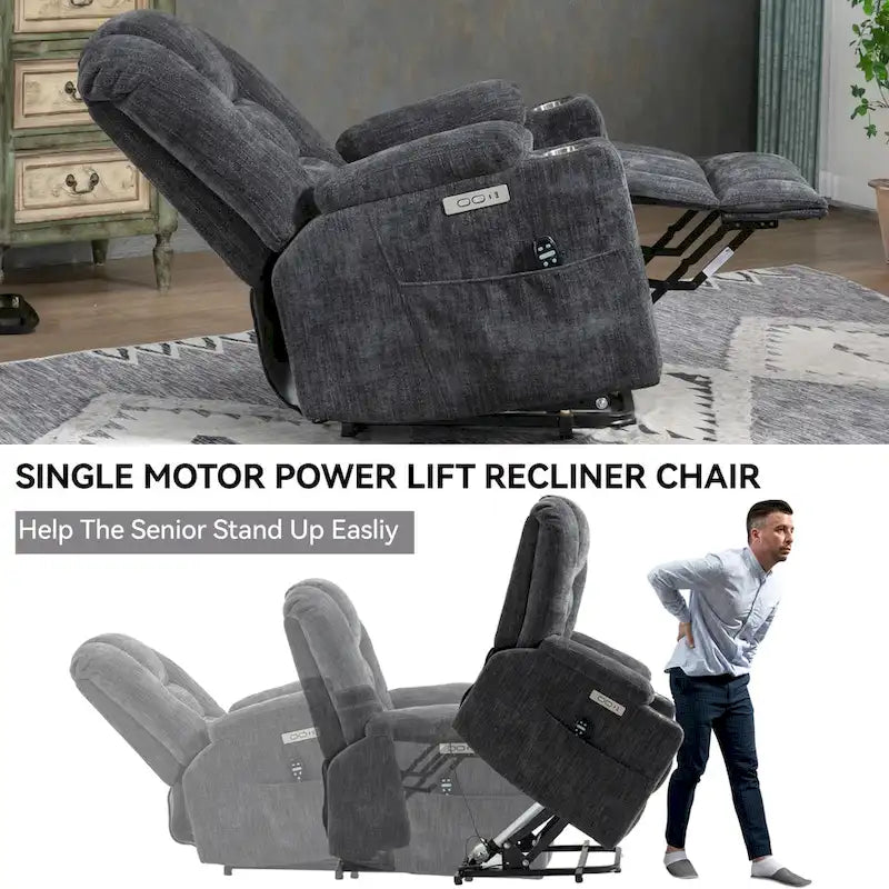 Grauer geräumiger Power-Lift-Sessel mit Massagefunktion, Heizung, zwei USB-Anschlüssen und Getränkehaltern
