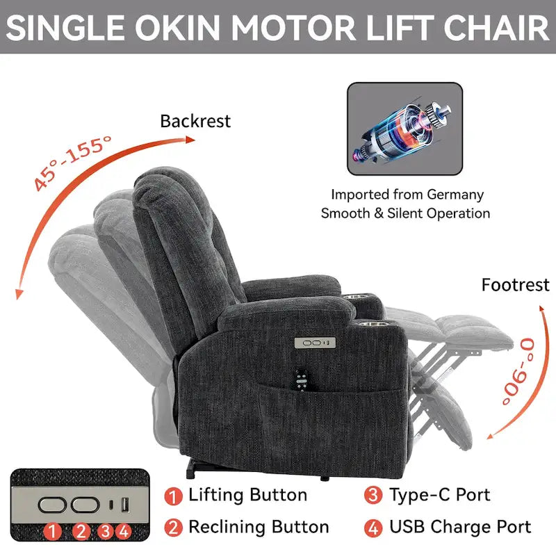 Grauer geräumiger Power-Lift-Sessel mit Massagefunktion, Heizung, zwei USB-Anschlüssen und Getränkehaltern