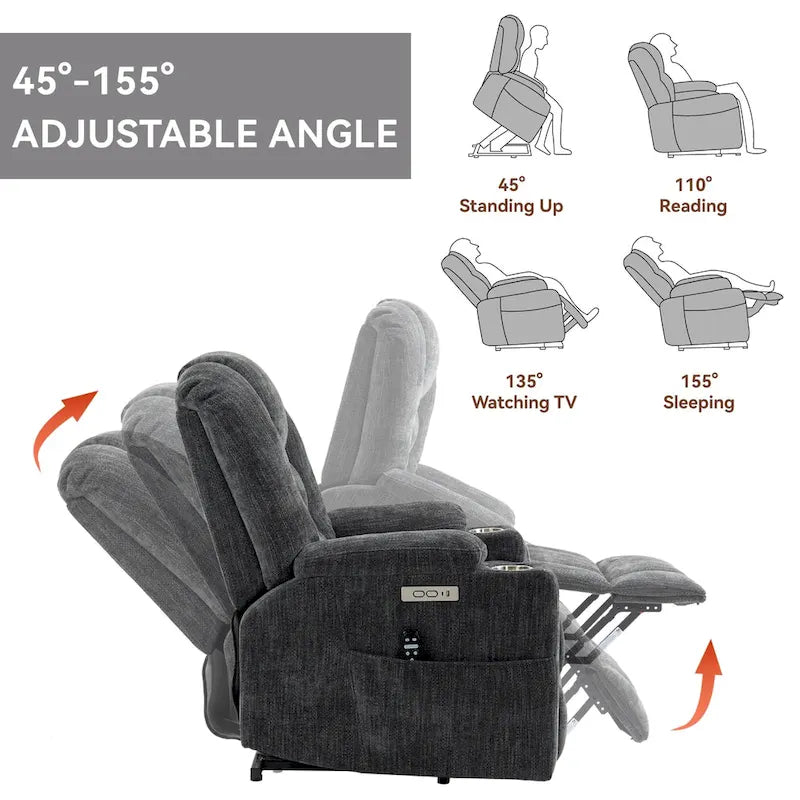 Grauer geräumiger Power-Lift-Sessel mit Massagefunktion, Heizung, zwei USB-Anschlüssen und Getränkehaltern