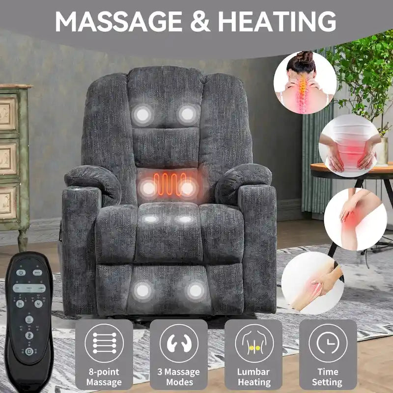 Grauer geräumiger Power-Lift-Sessel mit Massagefunktion, Heizung, zwei USB-Anschlüssen und Getränkehaltern