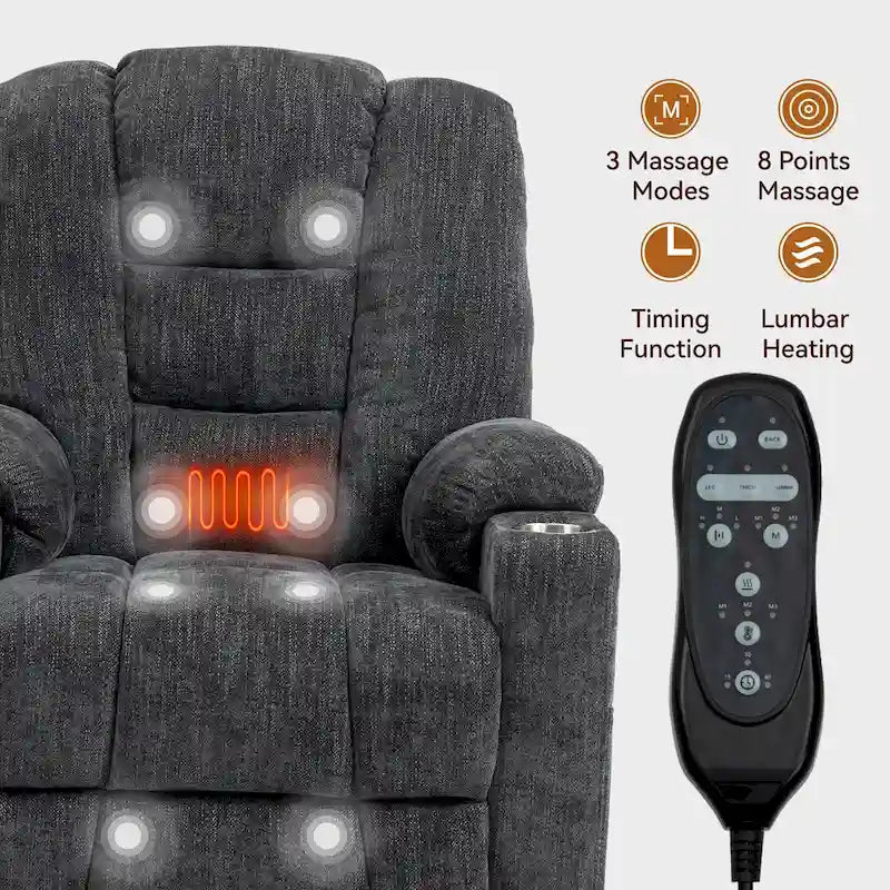 Grauer geräumiger Power-Lift-Sessel mit Massagefunktion, Heizung, zwei USB-Anschlüssen und Getränkehaltern