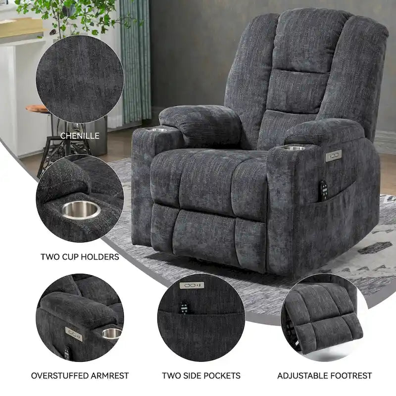 Grauer geräumiger Power-Lift-Sessel mit Massagefunktion, Heizung, zwei USB-Anschlüssen und Getränkehaltern