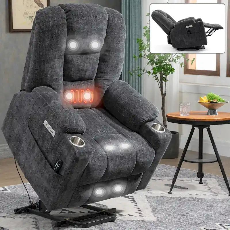 Grauer geräumiger Power-Lift-Sessel mit Massagefunktion, Heizung, zwei USB-Anschlüssen und Getränkehaltern