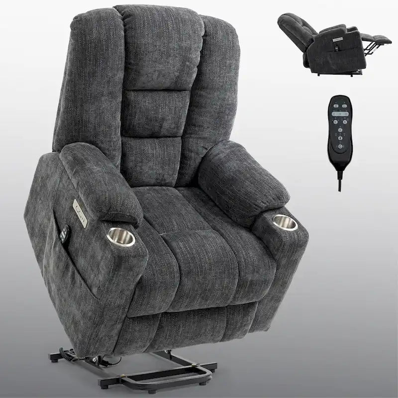 Grauer geräumiger Power-Lift-Sessel mit Massagefunktion, Heizung, zwei USB-Anschlüssen und Getränkehaltern