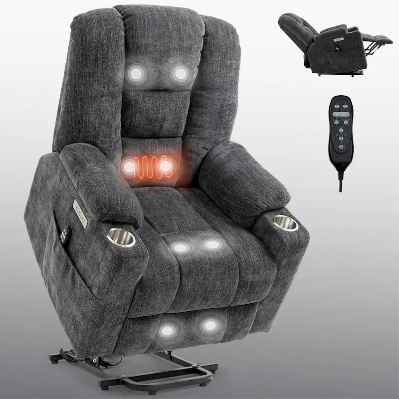 Grauer geräumiger Power-Lift-Sessel mit Massagefunktion, Heizung, zwei USB-Anschlüssen und Getränkehaltern