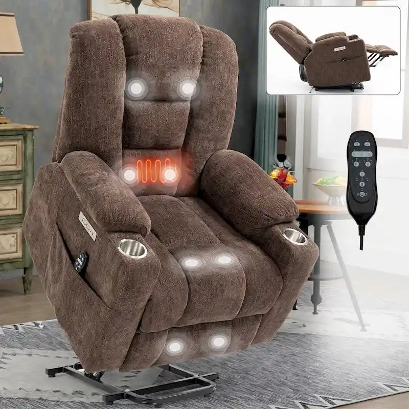 Grauer geräumiger Power-Lift-Sessel mit Massagefunktion, Heizung, zwei USB-Anschlüssen und Getränkehaltern