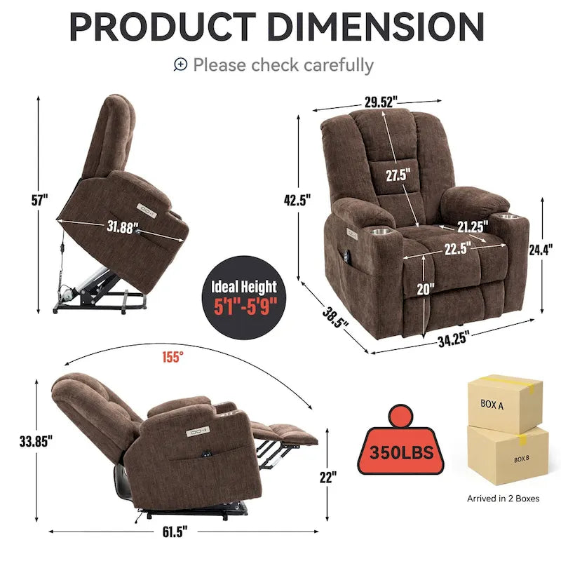 Grauer geräumiger Power-Lift-Sessel mit Massagefunktion, Heizung, zwei USB-Anschlüssen und Getränkehaltern