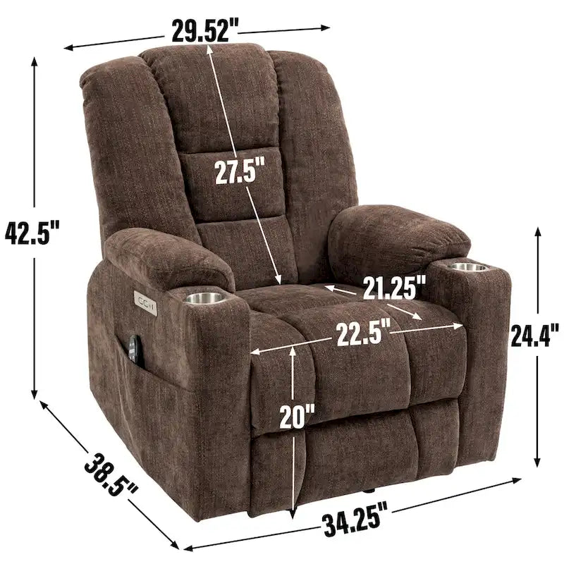 Grauer geräumiger Power-Lift-Sessel mit Massagefunktion, Heizung, zwei USB-Anschlüssen und Getränkehaltern