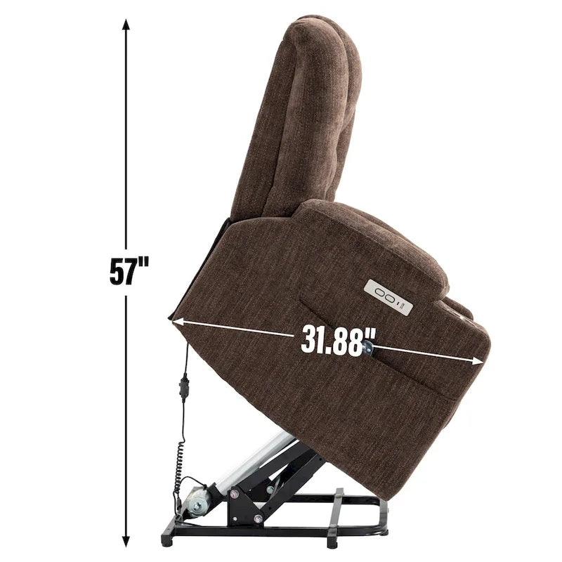 Grauer geräumiger Power-Lift-Sessel mit Massagefunktion, Heizung, zwei USB-Anschlüssen und Getränkehaltern