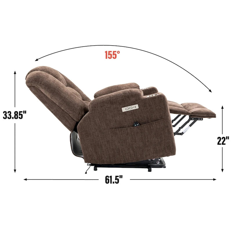 Grauer geräumiger Power-Lift-Sessel mit Massagefunktion, Heizung, zwei USB-Anschlüssen und Getränkehaltern