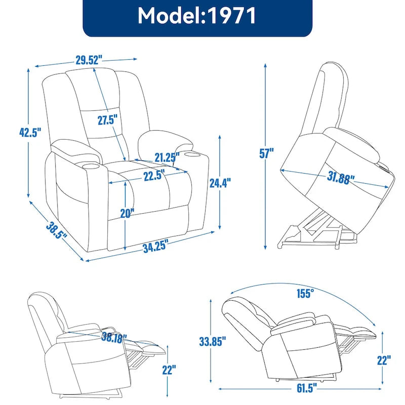 Grauer geräumiger Power-Lift-Sessel mit Massagefunktion, Heizung, zwei USB-Anschlüssen und Getränkehaltern
