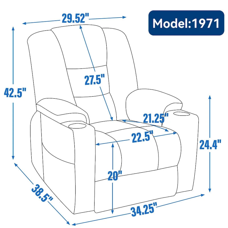 Grauer geräumiger Power-Lift-Sessel mit Massagefunktion, Heizung, zwei USB-Anschlüssen und Getränkehaltern