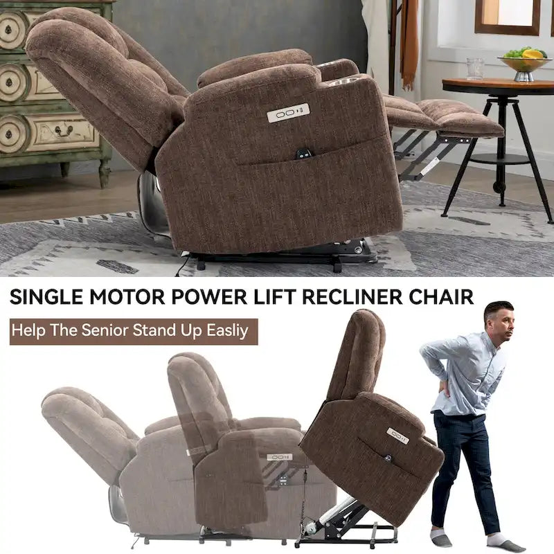 Grauer geräumiger Power-Lift-Sessel mit Massagefunktion, Heizung, zwei USB-Anschlüssen und Getränkehaltern