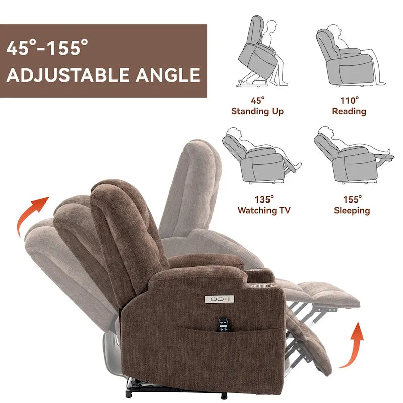 Grauer geräumiger Power-Lift-Sessel mit Massagefunktion, Heizung, zwei USB-Anschlüssen und Getränkehaltern