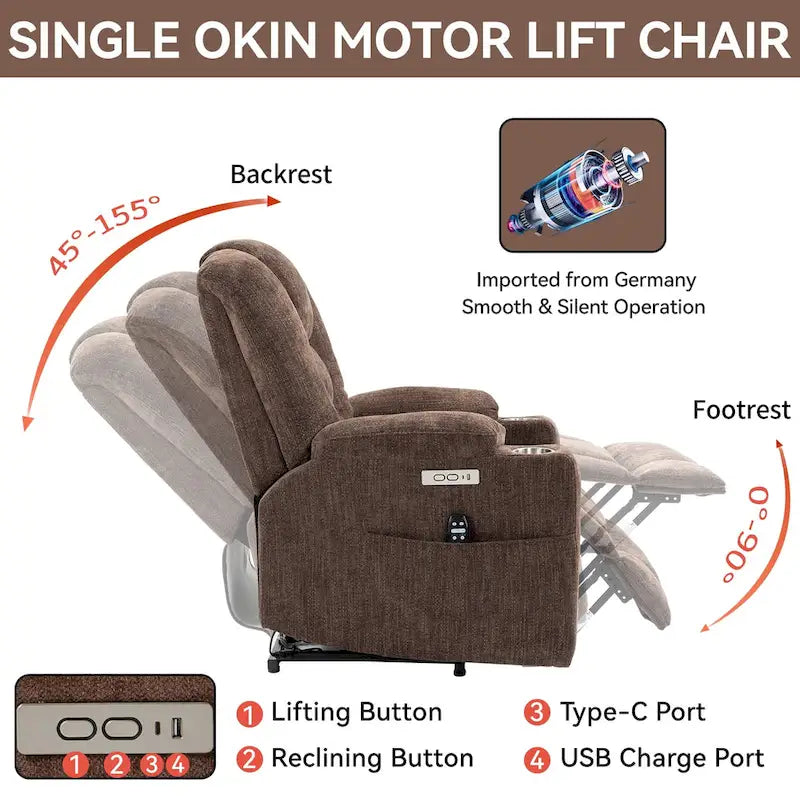 Grauer geräumiger Power-Lift-Sessel mit Massagefunktion, Heizung, zwei USB-Anschlüssen und Getränkehaltern