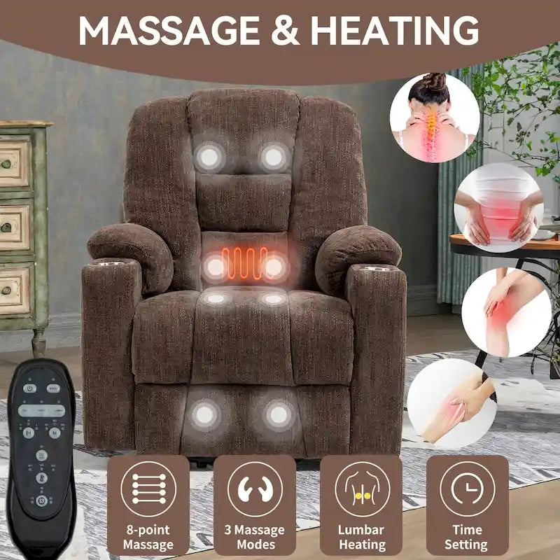 Grauer geräumiger Power-Lift-Sessel mit Massagefunktion, Heizung, zwei USB-Anschlüssen und Getränkehaltern