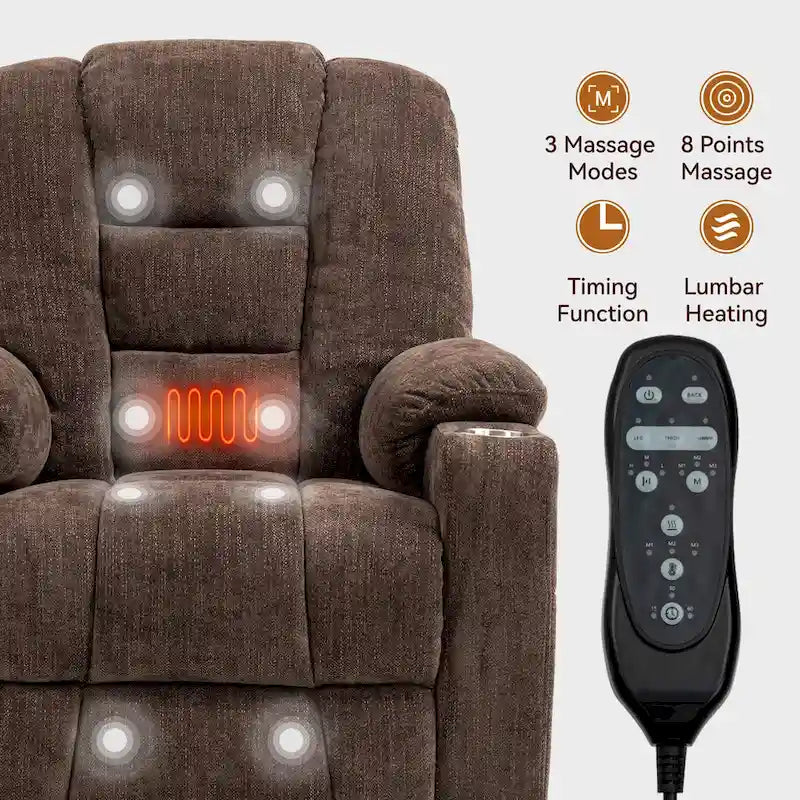 Grauer geräumiger Power-Lift-Sessel mit Massagefunktion, Heizung, zwei USB-Anschlüssen und Getränkehaltern