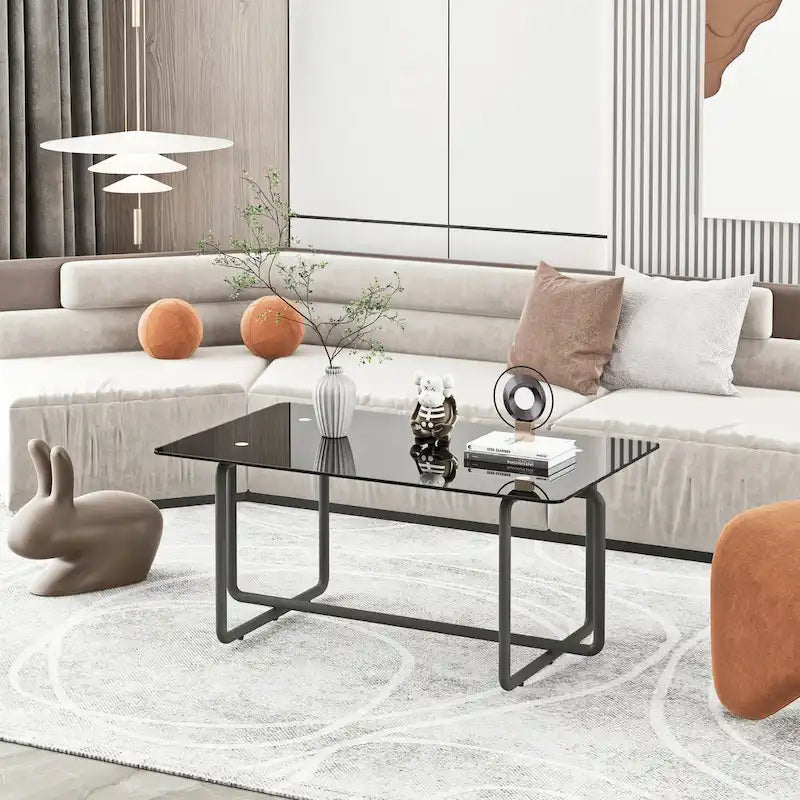 Couchtisch aus modernem gehärtetem Glas und schwarzem Metall, 39,37B