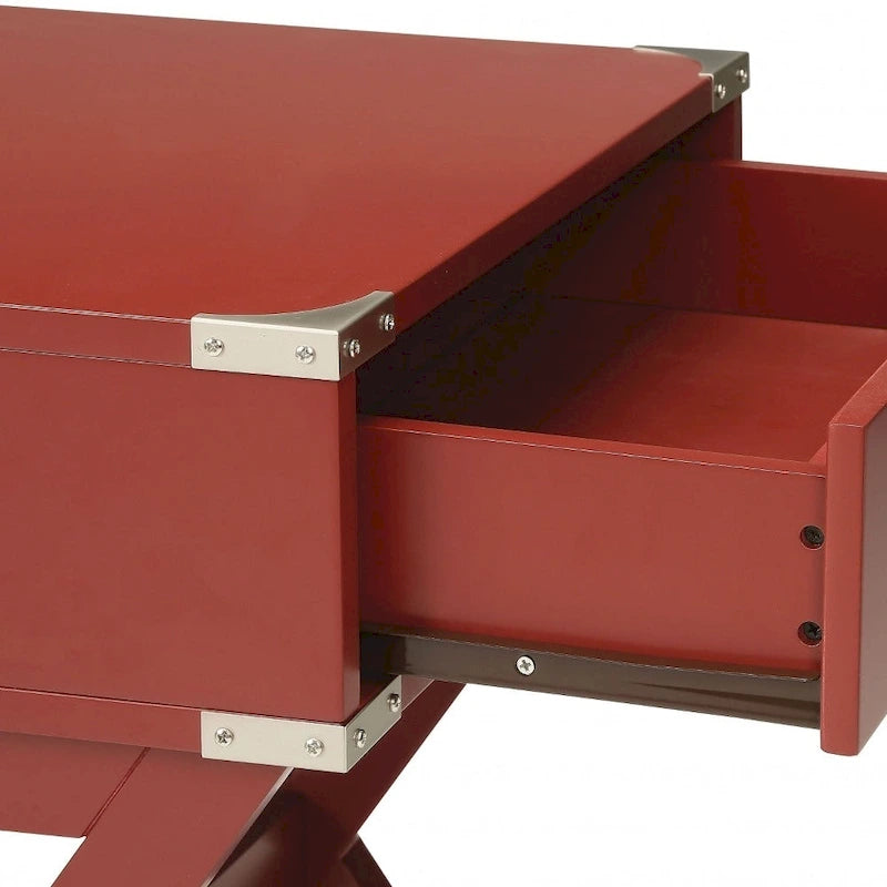 24" roter Beistelltisch mit Schublade und gekreuzten Holzbeinen
