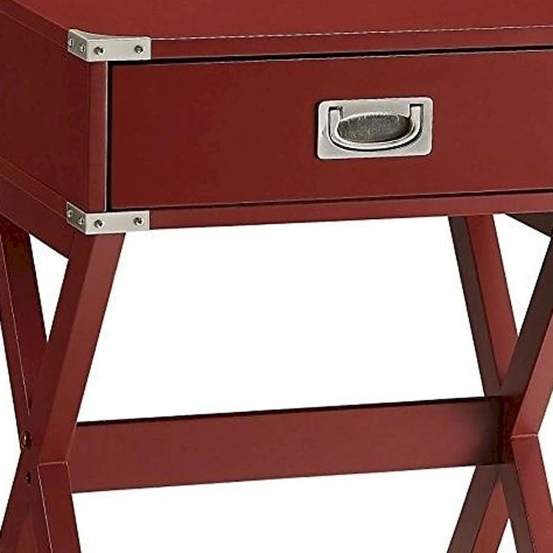 24" roter Beistelltisch mit Schublade und gekreuzten Holzbeinen