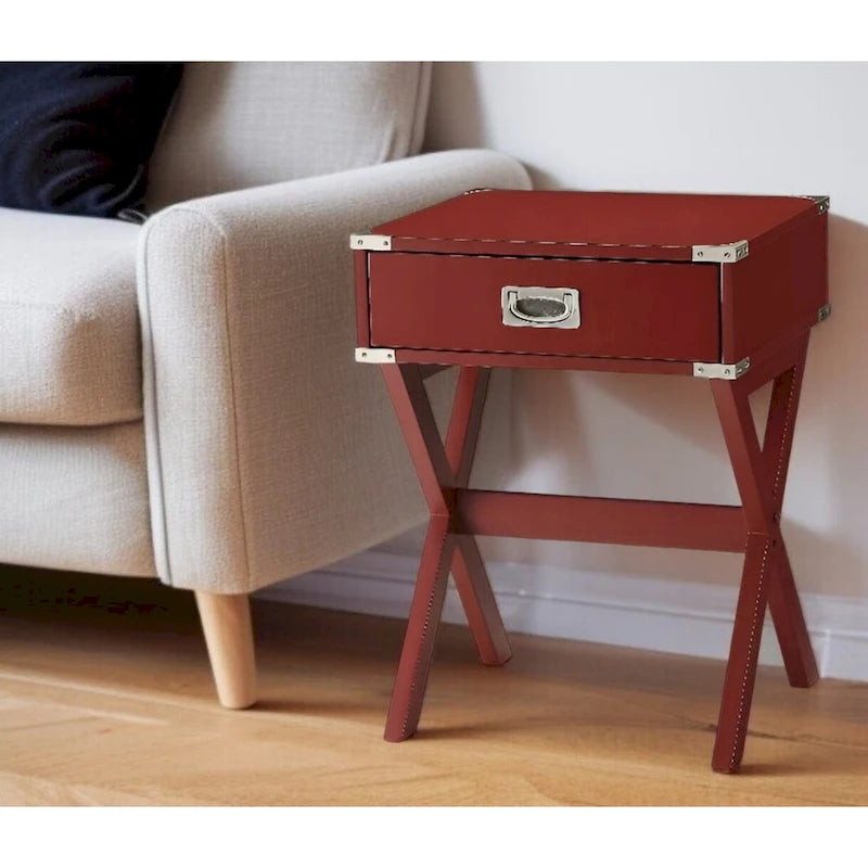 24" roter Beistelltisch mit Schublade und gekreuzten Holzbeinen