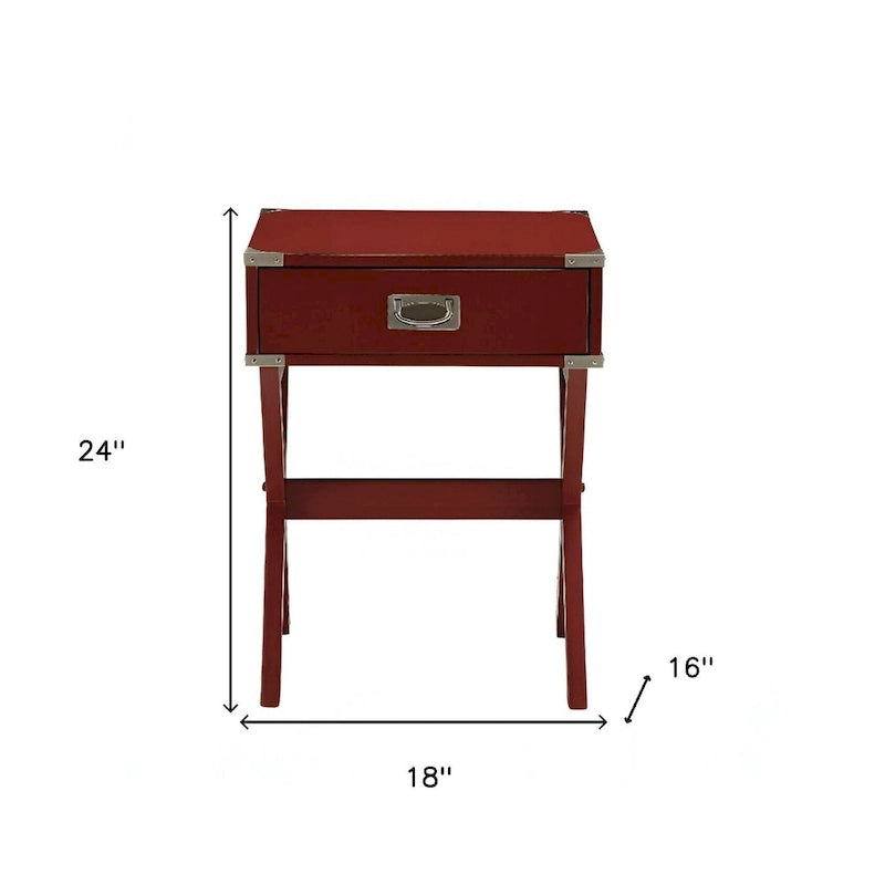 24" roter Beistelltisch mit Schublade und gekreuzten Holzbeinen