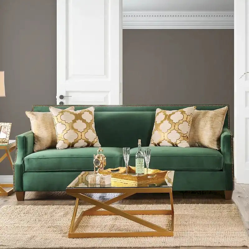 Sofa, Übergangsstil, grüner Stoffbezug, Nagelbesatz