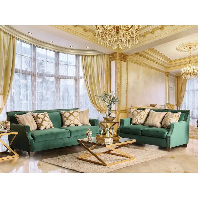 Sofa, Übergangsstil, grüner Stoffbezug, Nagelbesatz