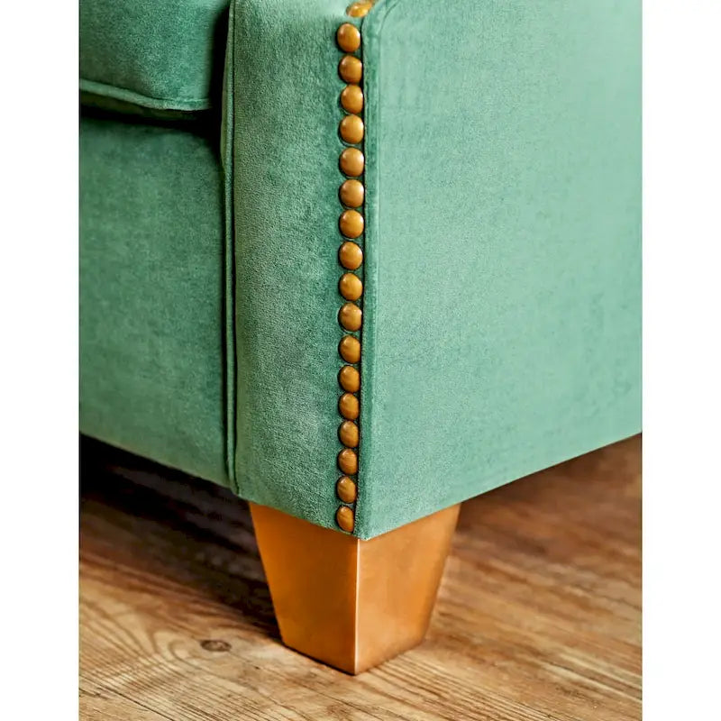 Sofa, Übergangsstil, grüner Stoffbezug, Nagelbesatz