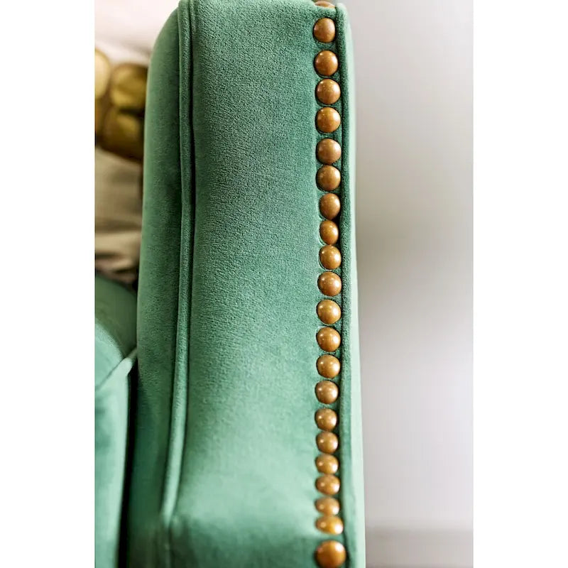 Sofa, Übergangsstil, grüner Stoffbezug, Nagelbesatz