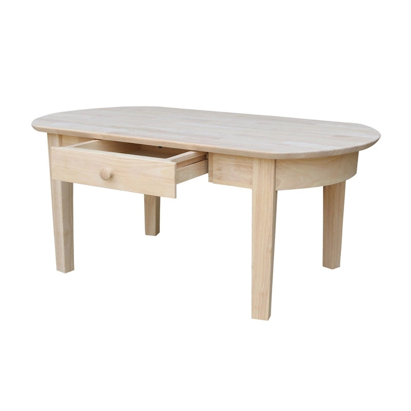 Ovaler Couchtisch aus massivem Parawood, unbehandelt, mit Schublade