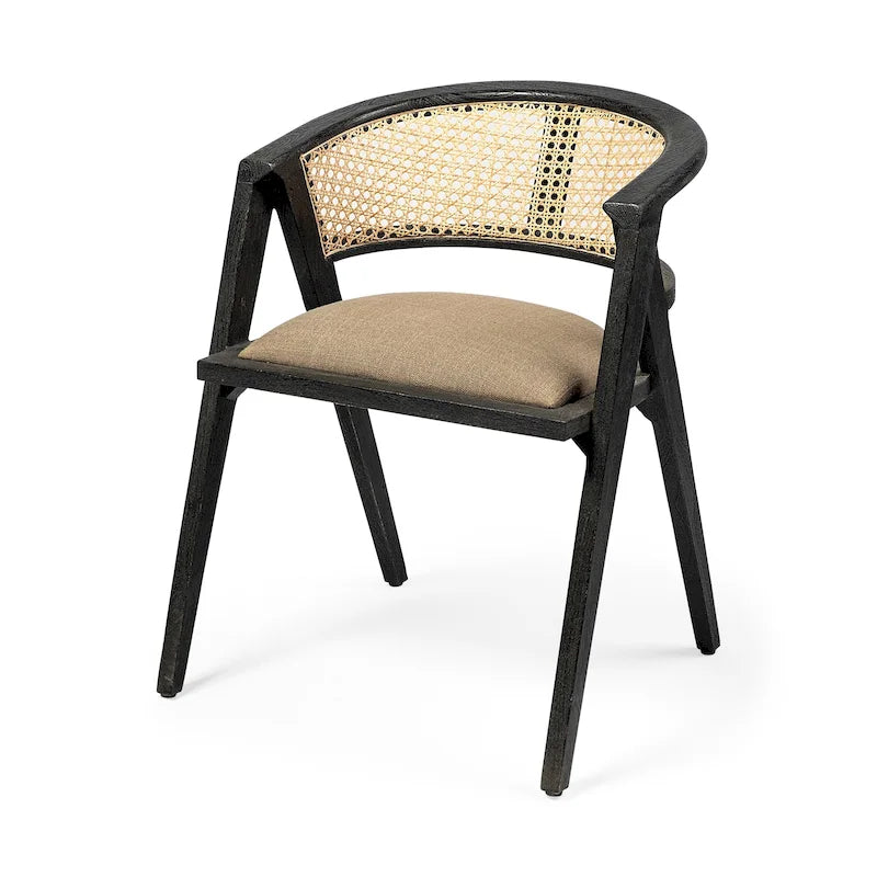 Beige Stoffbezug Schwarzer Holzrahmen Wiener Geflecht Esszimmerstuhl