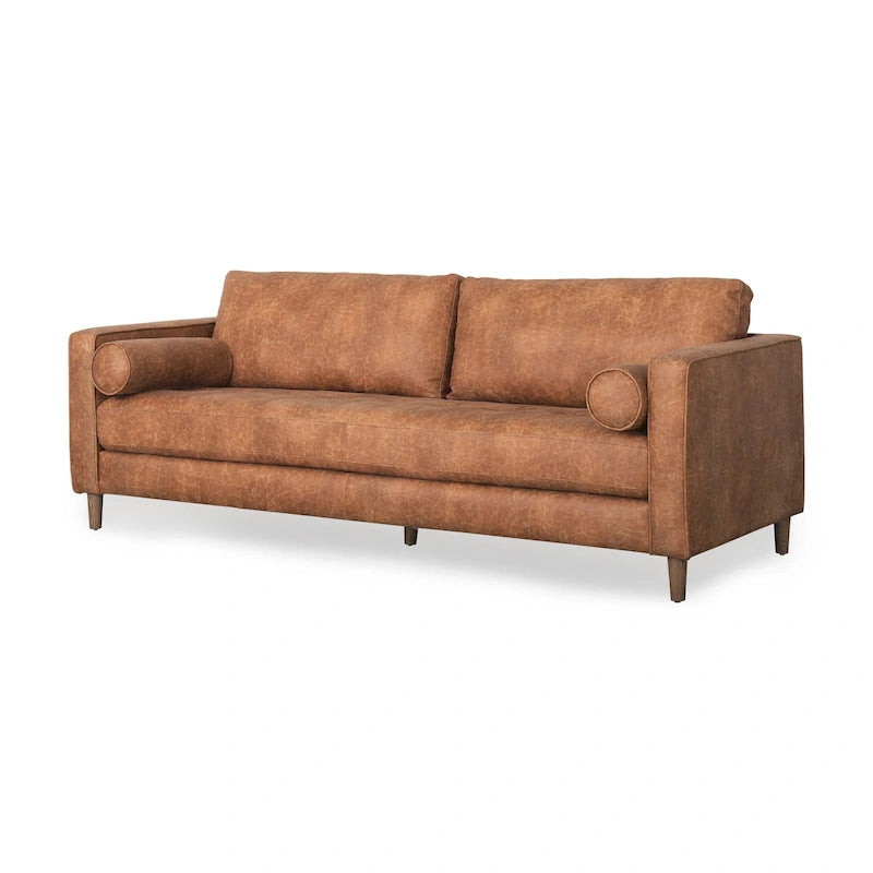 Dreisitzer-Sofa aus cognacbraunem Kunstleder mit Nackenrollen