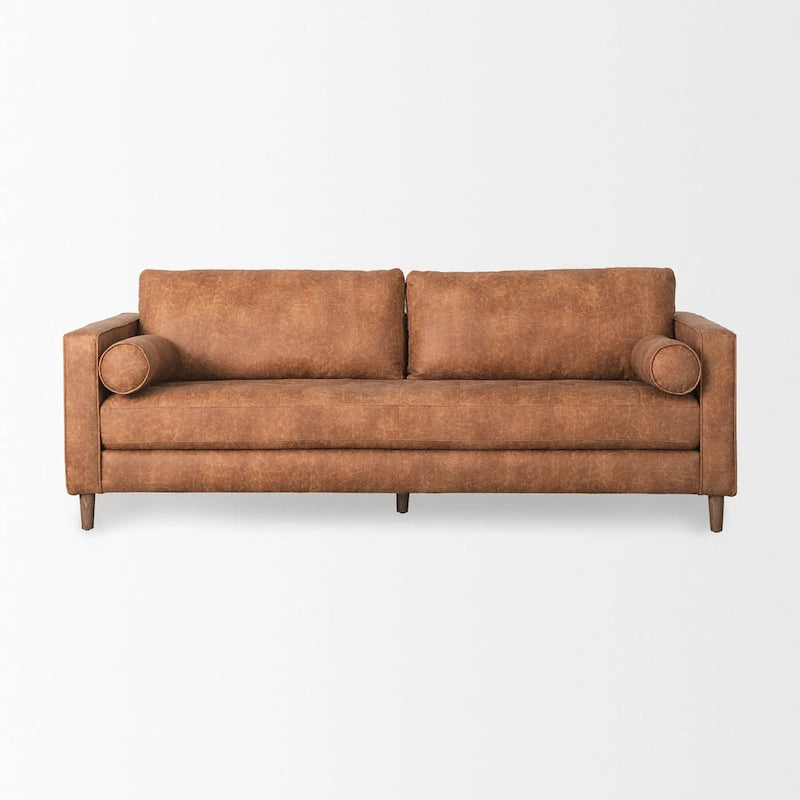 Dreisitzer-Sofa aus cognacbraunem Kunstleder mit Nackenrollen