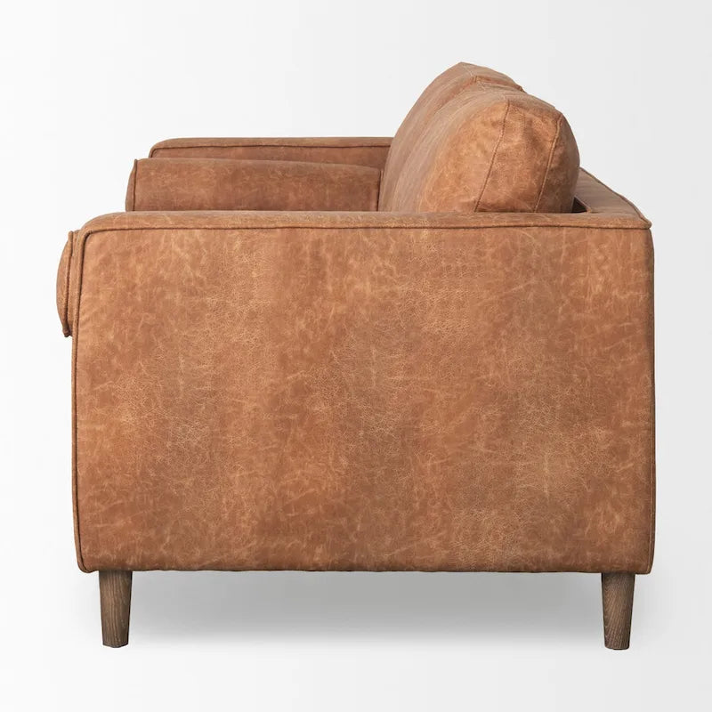 Dreisitzer-Sofa aus cognacbraunem Kunstleder mit Nackenrollen