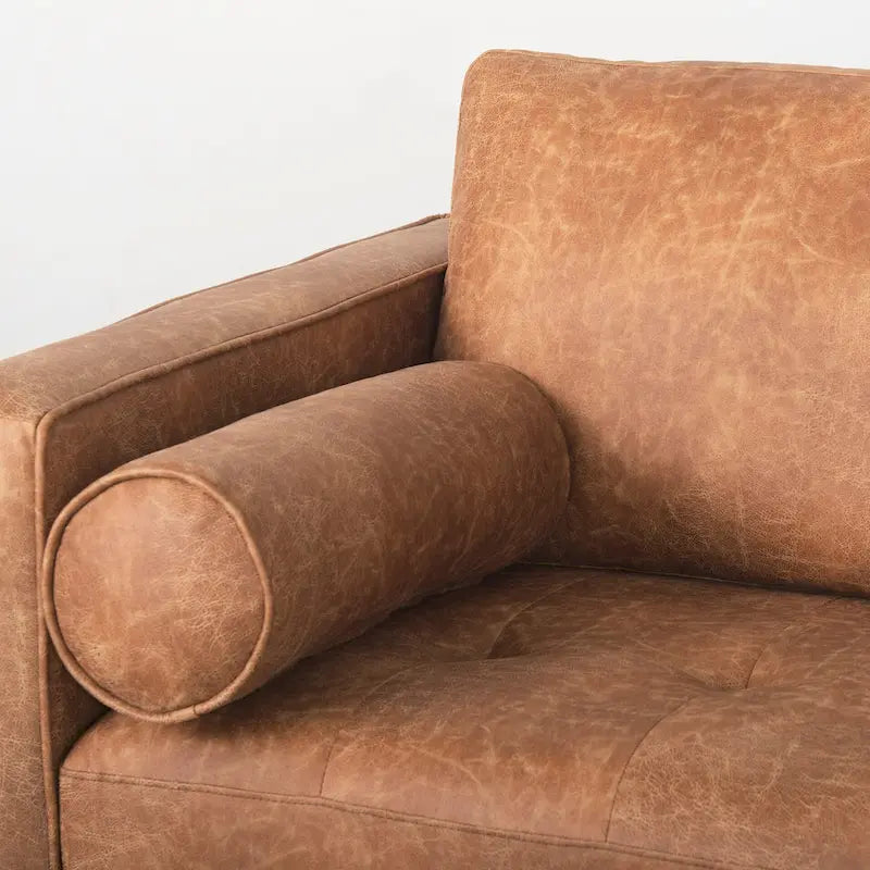 Dreisitzer-Sofa aus cognacbraunem Kunstleder mit Nackenrollen