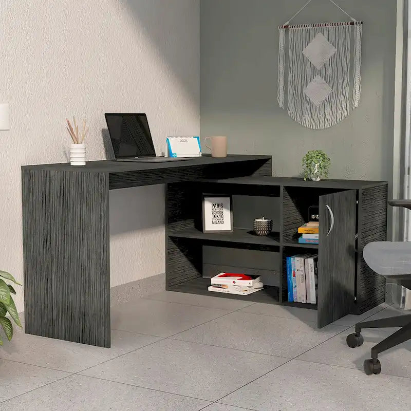 L-förmiger Büroschreibtisch mit 1 Schublade und 2 Regalen, Smokey Oak