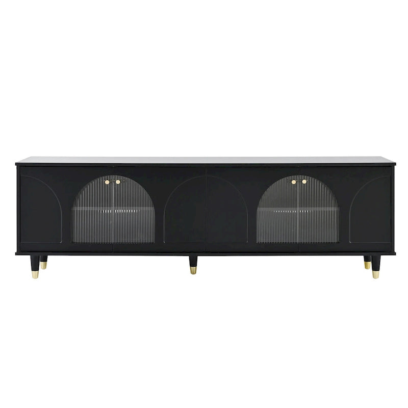 Elegante Medienkonsole mit goldenen Griffen und gewölbten Türen aus Riffelglas