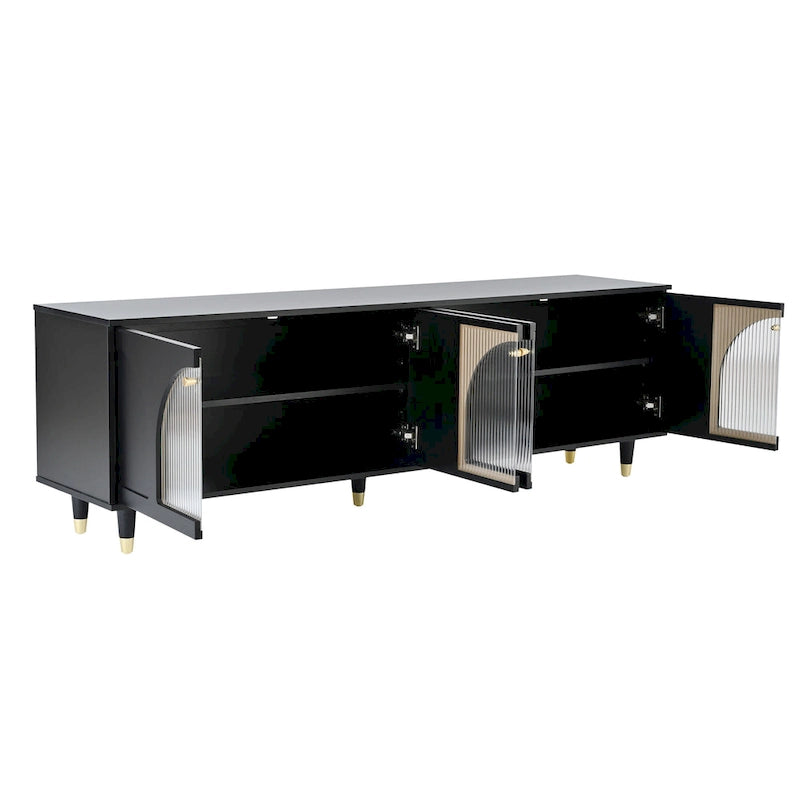 Elegante Medienkonsole mit goldenen Griffen und gewölbten Türen aus Riffelglas
