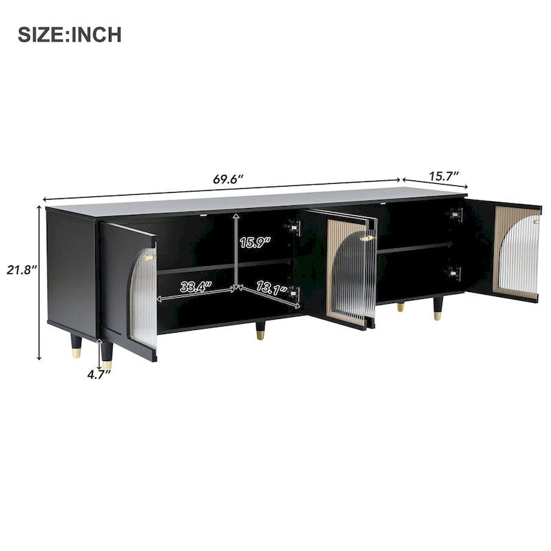 Elegante Medienkonsole mit goldenen Griffen und gewölbten Türen aus Riffelglas